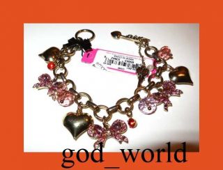 Betsey Johnson Iconic Ombre Rose Pink Bow Heart Charms Toggle Bracelet 