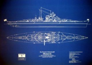 WW2 German Battleship BISMARCK Blueprint Plan 24 x36 big blue 