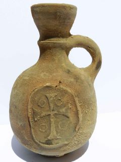 Biblical Ancient Terracotta Holy Land Pottery Jug Clay Christian Cross 