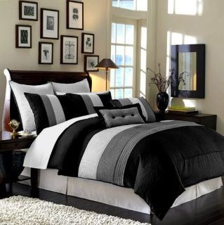 12pcs Black White Grey Luxury Striped Comforter Set + Window Curtain 
