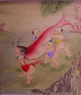 Painting happy children Kids big KOI fish original art watercolor oil 