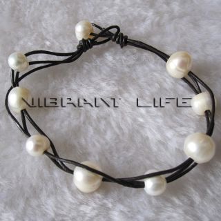 11mm white freshwater pearl bracelet black leather