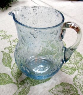 BIOT Blue Pitcher Vase BIG BUBBLES Signed FRENCH Art Glass Hand Blown 