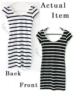 Womens Striped Summer Scoop Neck Slim Fitted Long Tops Tee T Shirt 