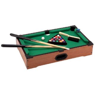 Includes numbered balls, 2 cue sticks, chalk, rack, and felt brush 