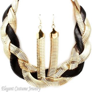 Black Gold Braided Extra Wide Omega Chunky Necklace Set Elegant 