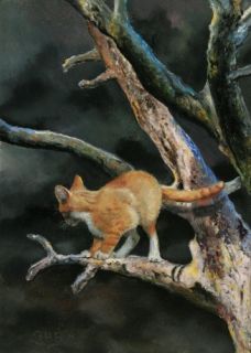 HOGAN BLEVINS art TABBY orange CAT dead tree STORM original OIL 