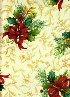 Christmas Bliss Red Bows Holly Print Textured Polyester Fabric 
