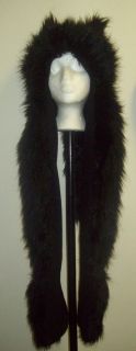 BLACK PLUSH ANIMAL HOOD WOLF HAT WITH SCARF AND MITTENS FAKE FUR 