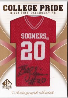 2010 SP Authentic Billy Sims College Pride Jersey Auto Oklahoma 