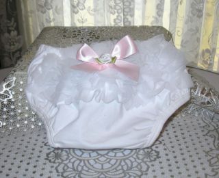 WHITE Baby Doll Ruffle Bloomers with Pink Ribbon & White Flower Reborn 