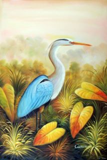 Great Blue Heron Egret Bird Swamp Everglades 20x36 Oil on Canvas Work 