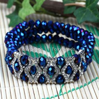 Blue Crystal Rhinestone Faceted Bead Bangle Bracelet