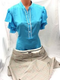 Women Junior Biz Attire Express Editor Plaid Dress Pants Blue Shirt Sz 