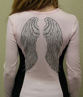 Womens Long Sleeve Black Angel Wings Rhinestone Shirt