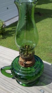Vtg Green Glass Oil Lamp with Finger Holder Raised Fruit Design Green 