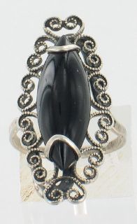   Sterling Silver Marquise Onyx Filigree Ring Lovely Sz 5 5