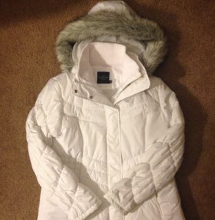 Womens Faded Glory White Winter Coat Jacket Removable Fur Trimmed Hood 