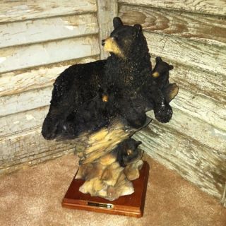 Rustic Log Cabin Decor Black Bear And Cubs Sculpture Wildlife Nature 