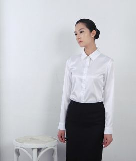   Wamon`s White Long Sleeves Satin Blouse with flat Collar Size XS,S,M