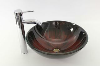 Reddish Black Double Layer Tempered Glass Vessel Sink Chrome Faucet 