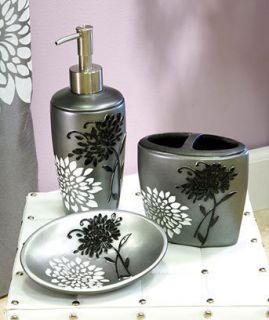 New Pewter White and Black Floral 3 PC Sink Set Modern Bath Decor 