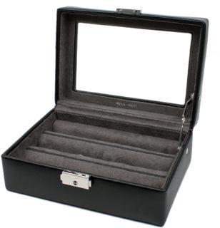   Cufflinks Box Storage Case Leather Black Lucite Window 4697