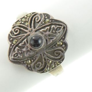 Vintage Sterling Silver Black Onyx Marcasite Ring 8 YA665