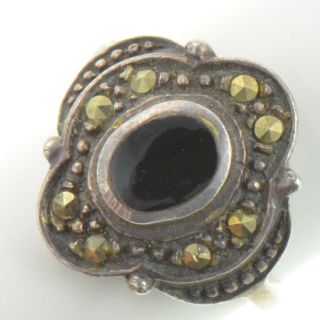 Vintage Sterling Silver Black Onyx Marcasite Ring 6 YA752