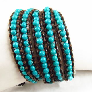 Handcrafted Natural Turquoise on Brown Leather Multi Wrap Bracelet K18 