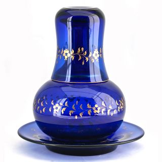 Antique French Gilt Royal Blue Opaline Glass Water Set Decanter 