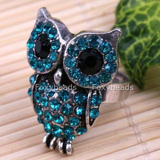 blue crystal cute owl tibet silver fashion gift ring
