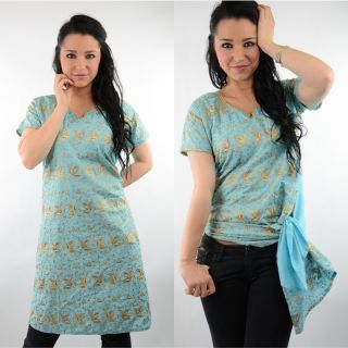 BLUE Gold Indian Cotton ORIENTAL Tunic Boho TOP Bollywood Kaftan DRESS 