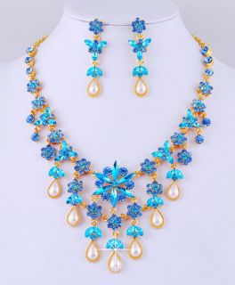 Blue Tassel Wedding Rhinestone Imitate Pearl Set Bib Huge Necklace 