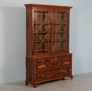 Antique English Bookcase/Cabinet, Glass Doors Over 6 Drawers