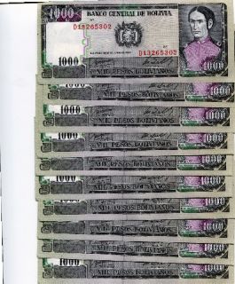 Bolivia 1000 Pesos Bolivianos 1982 P 167 UNC Lot 10 Pcs