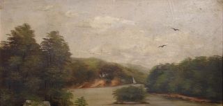   Century Oil Board Landscape Painting River Camp Signed A Sherer
