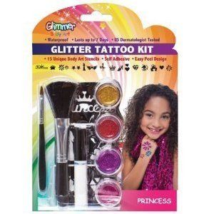 Glimmer Body Art Glitter Tattoo Tattoos Kit Princess 15 Stencils Crown 