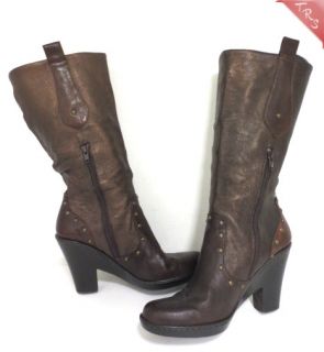 Born Crown Leather Mid Calf Boots w Medium Heel Brown Bronze 9M