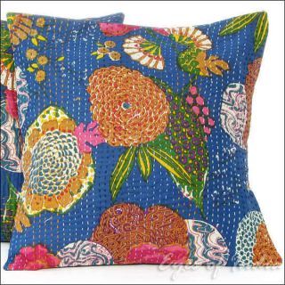 Blue Indian Floral Pillow Cushion Cover Throw Vintage India Decorative 