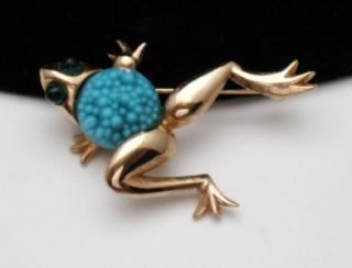 Vintage Boucher Figural Brooch Pin Frog Faux Turquoise Rhinestone 