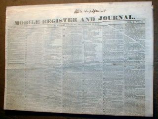 1841 Alabama Newspaper Mobile Register W3 Illustrated Runaway Slave 