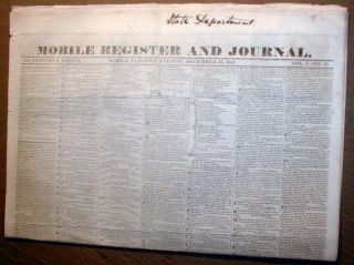 RARE Original 1841 Alabama Newspaper Mobile Register Journal 161 Years 