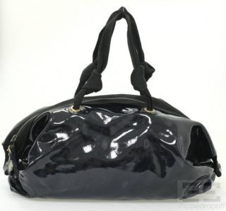 Lanvin Navy Blue Patent Leather & Black Grosgrain Bowler Bag