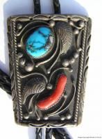 Vtg Native American Signed BW Sterling Silver Turquoise Coral Bolo Tie 