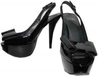 Stuart Weitzman Bowrey peep toe pump black patent leather bow shoes 10 