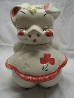 Vintage Ceramic Girl Pig Cookie Jar Red Bow Red Clover Flower White 