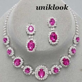   Bridesmaid Bridal Clear & Pink Crystal Jewelry Necklace Earrings Sets