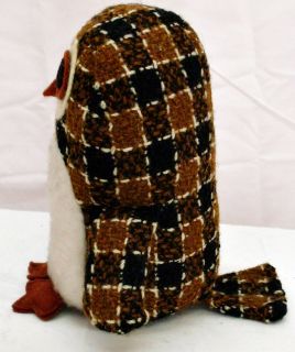 Vintage 60s Brendatoys Brown Wool Plaid Kapok Stuffed Owl Mod Folk Art 