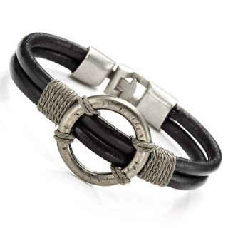    Stunning Mens Black Roman Style Leather Steel Bracelet Cuff Jewelry